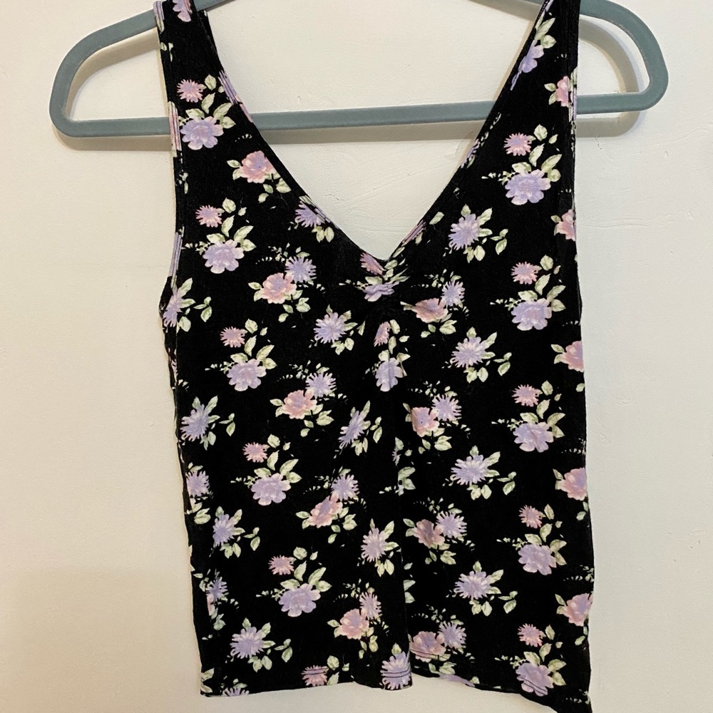 Black crop top with purple flowers. Large
